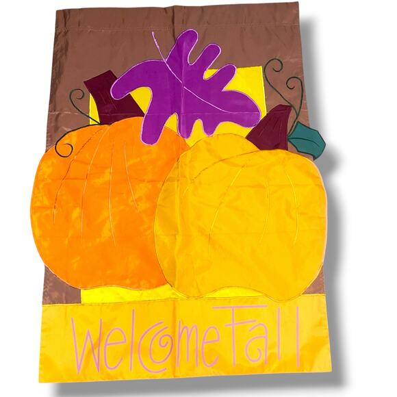 Welcome Fall Pumpkin House Flag Leaves Outdoor Yard Decor 40"H x 27"W Vintage - Picture 3 of 7